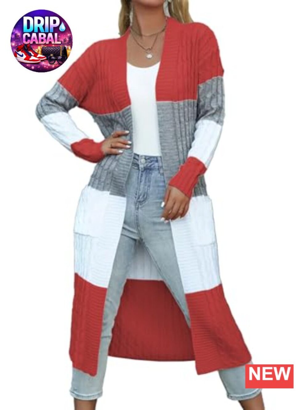 Women's Chunky Cable Knit Color Block Open Front Long Cardigan Duster Plus Size